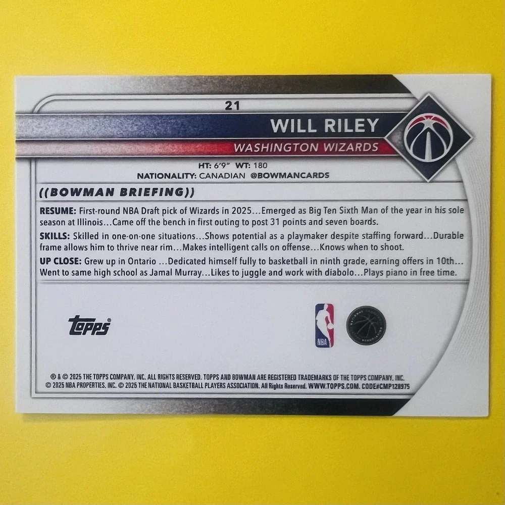 2025-26‎ Bowman Basketball Will Riley RC #21 Washington Wizards Rookie Card
